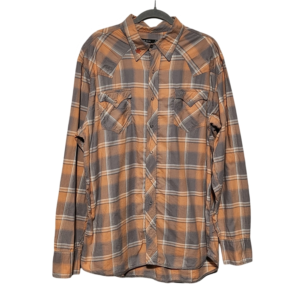 TIN HAUL Button Up Shirt Mens 2XL Orange Gray Western Plaid Long Sleeve Cowboy